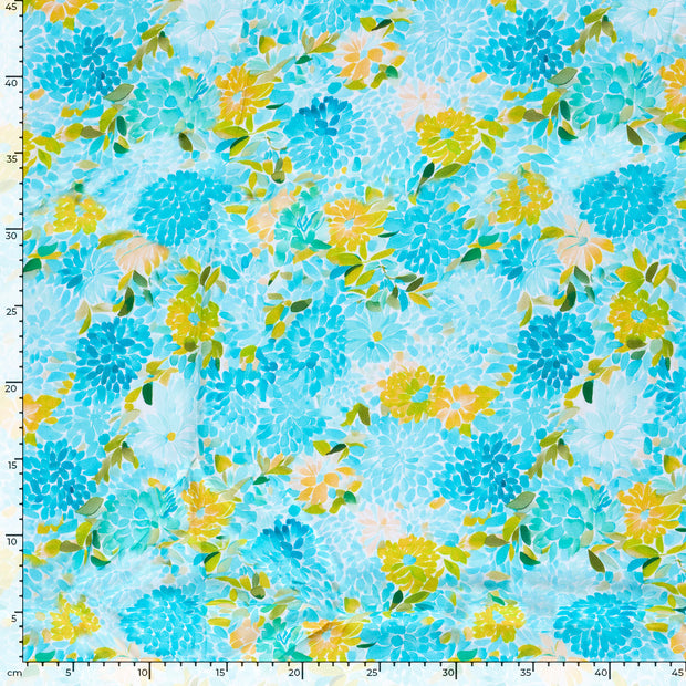 Viscose Satin fabric Flowers Aqua