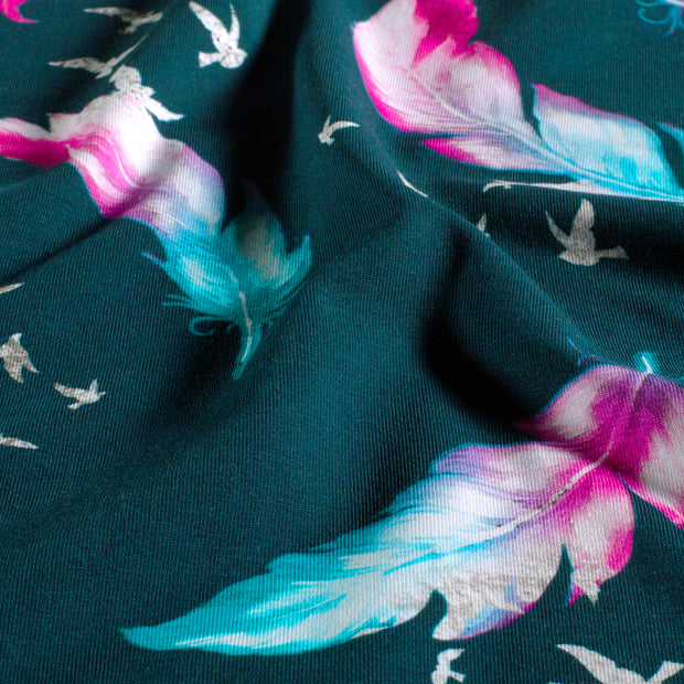 Jersey tissu Plumes Bleu Canard