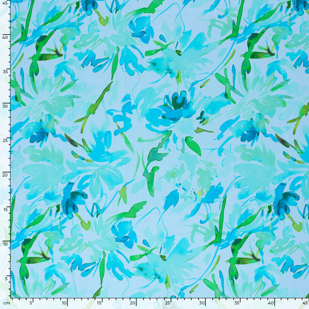 Viscose Satin fabric Flowers Light Blue