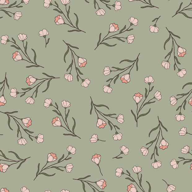 Jersey fabric Flowers Olive Green