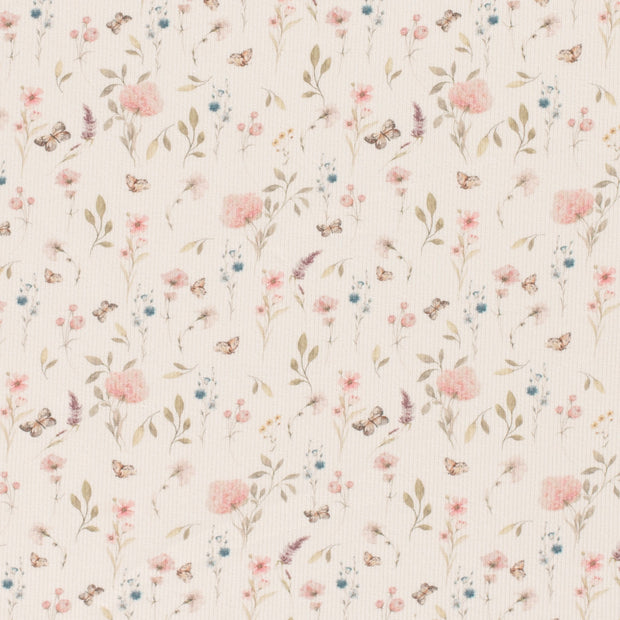 Rib Jersey stof Bloemen Gebroken wit