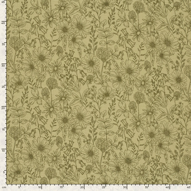 Double gaze tissu fleurs Vert kaki