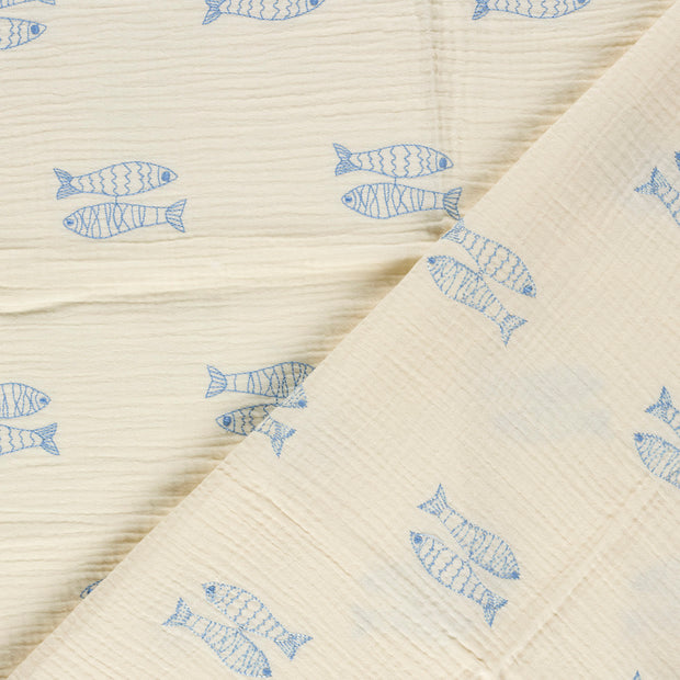 Muslin fabric Fish embroidered 