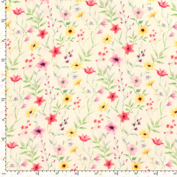 Double gaze Bio Naturel tissu fleurs Blanc cassé