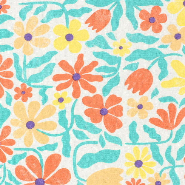 Viscose Lin Chaine et Trame tissu fleurs Bleu Canard