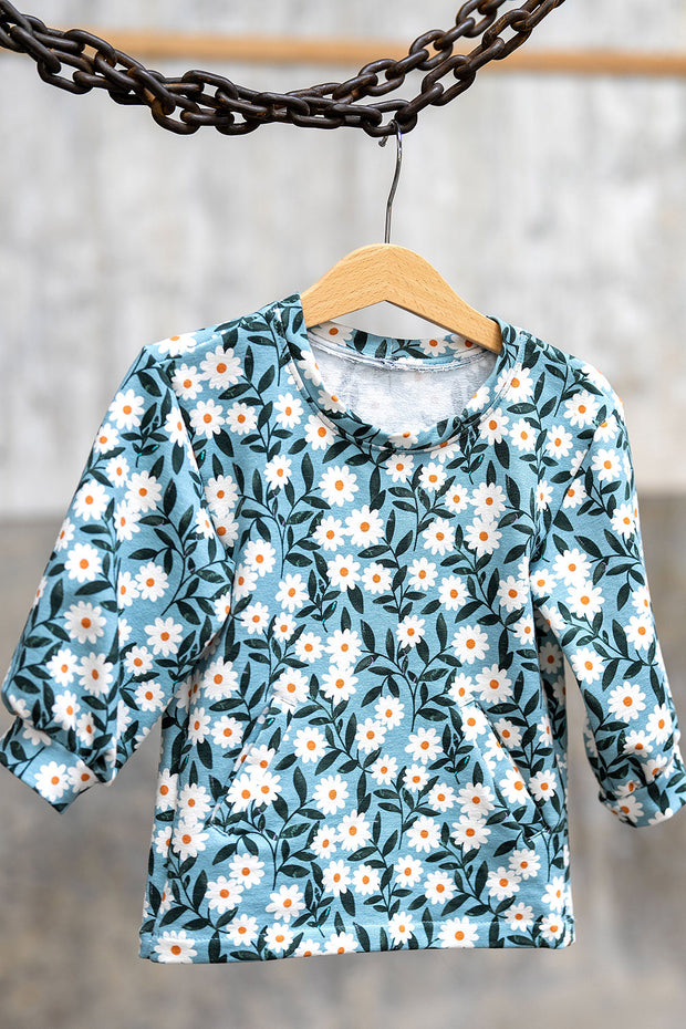 French Terry fabric Flowers Ice Blue