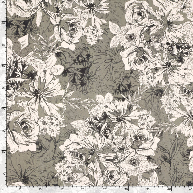 Twill fabric Flowers Olive Green