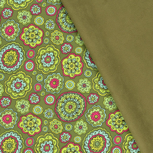 Softshell fabric Flowers Olive Green