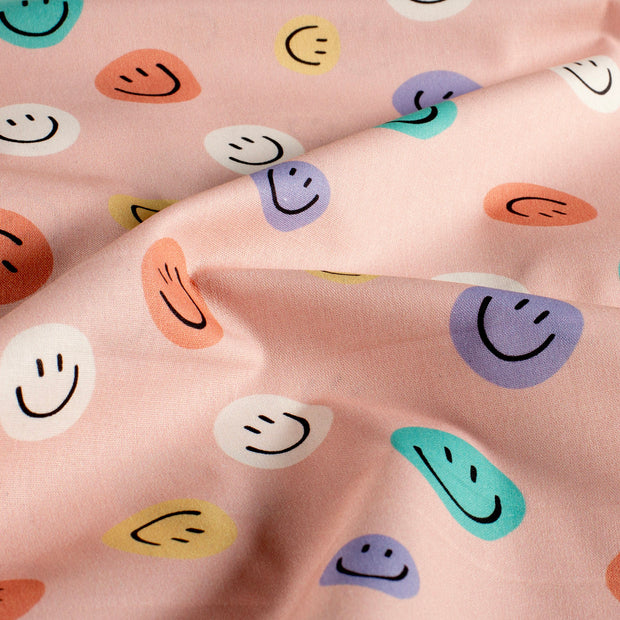 Cotton Poplin fabric Emoticons Old Pink