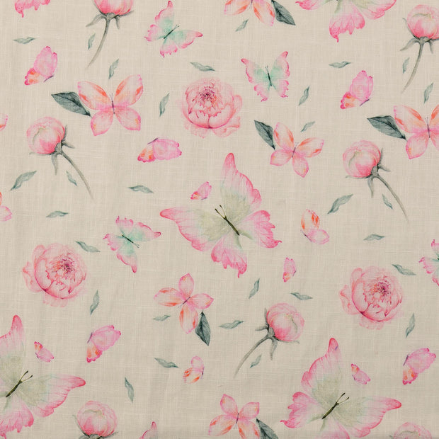 Linen fabric Flowers Pink