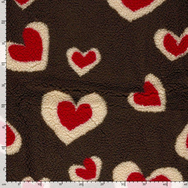 Sherpa Fleece fabric Hearts Dark Brown