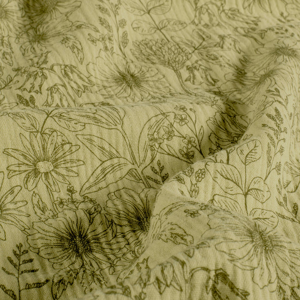 Double gaze tissu fleurs Vert kaki