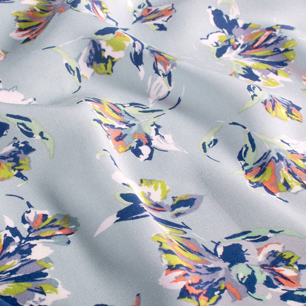 Viscose Poplin fabric Flowers Light Blue