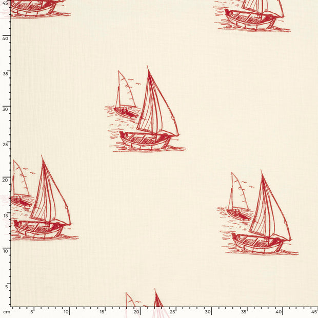 Muslin fabric Sailboats Red