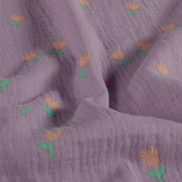 Double gaze tissu fleurs Lilas