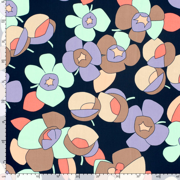 Bamboo Poplin fabric Flowers Navy
