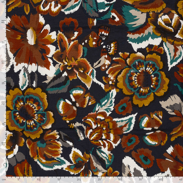 Viscose Nylon Crepe fabric Flowers Navy