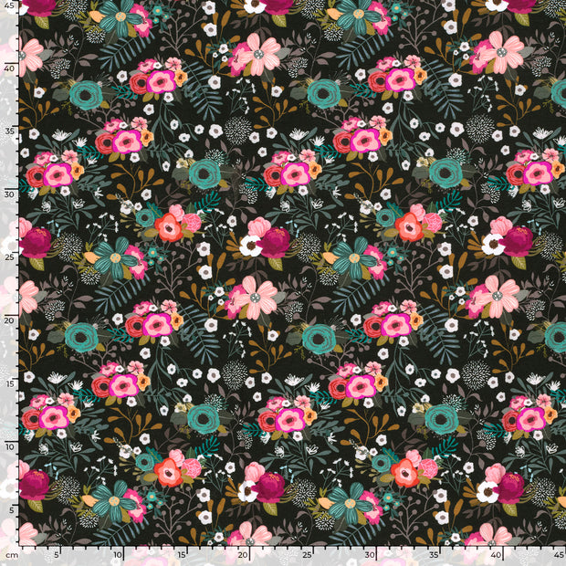 Jersey fabric Flowers Black