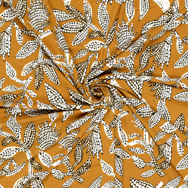 Viscosa Jersey tela Ocre estampado 