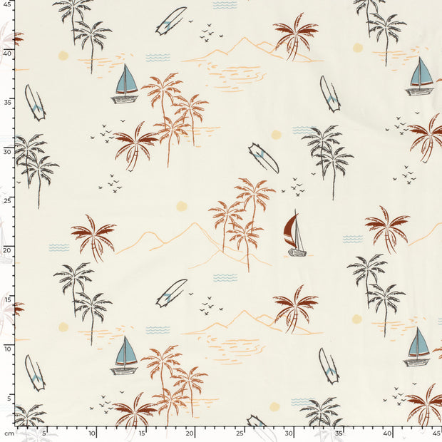 Jersey de Coton tissu Palmier Blanc cassé