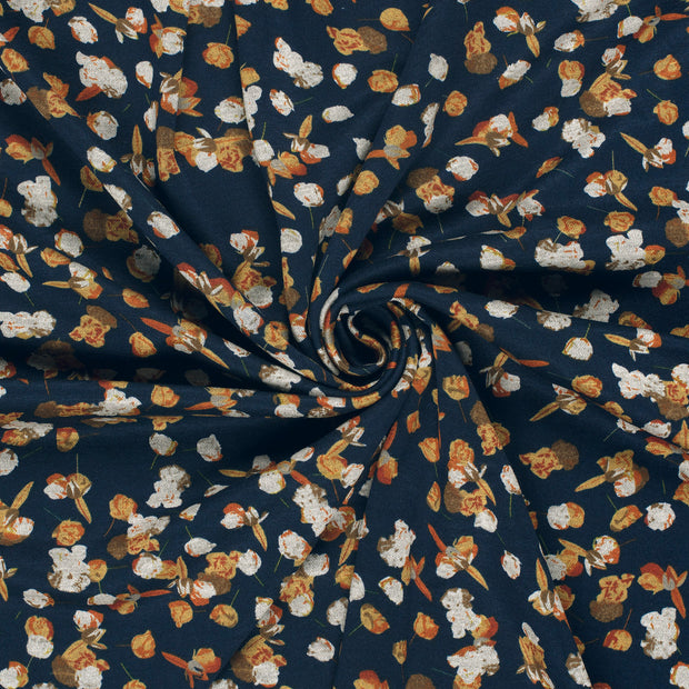 Poly Viscose Jersey fabric Navy discharge printed 