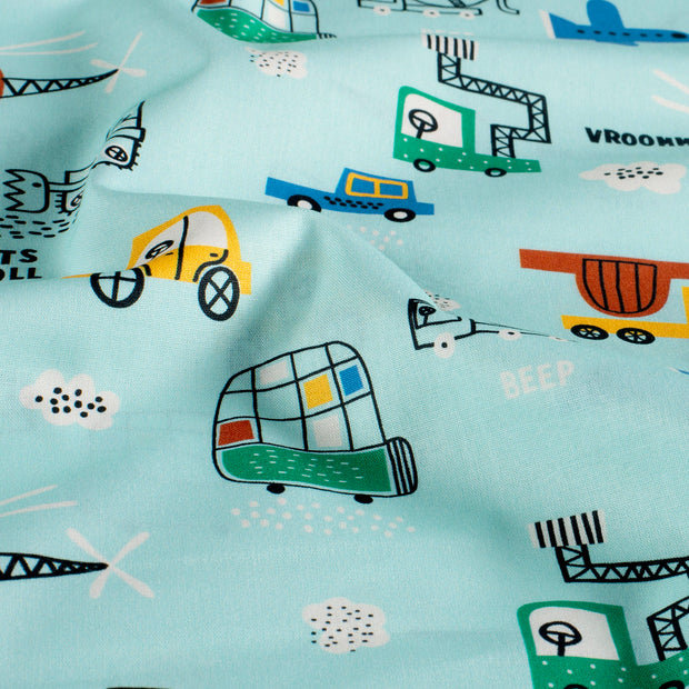 Algodón Popelina tela Automóviles Azul bebé