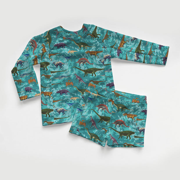 Swimwear Jersey UPF50 Recycled tissu dinosaures Bleu Canard