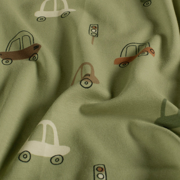 Jersey fabric Cars Olive Green