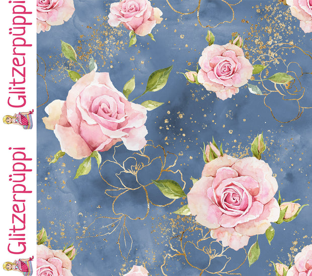 French Terry fabric Roses Steel Blue