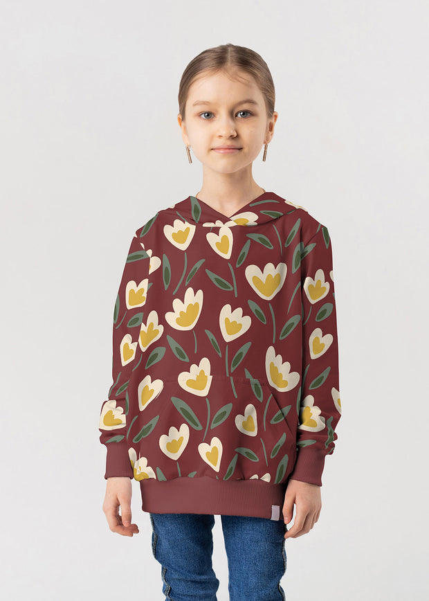 French Terry fabrik Blumen Dunkelrot