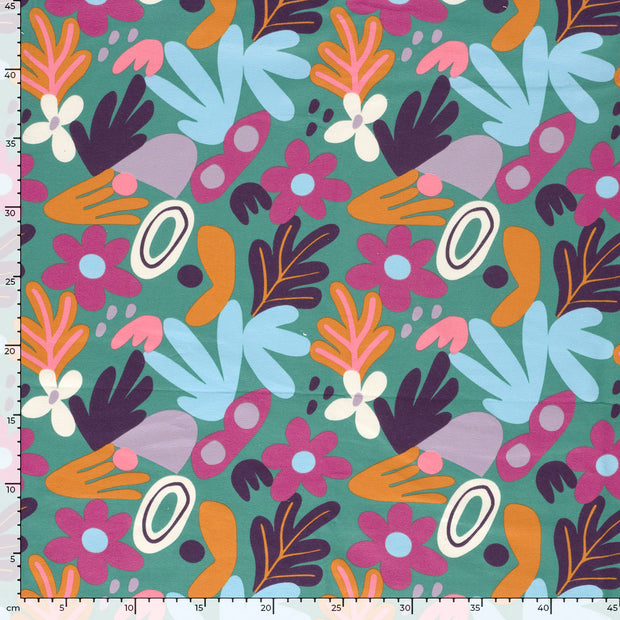 French Terry fabric Flowers Petrol