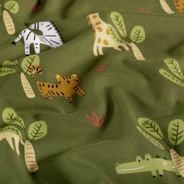 Jersey tissu girafes Vert kaki
