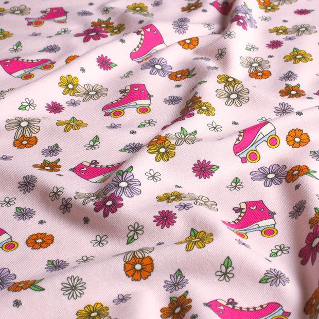 Jersey de Coton tissu fleurs Rose clair