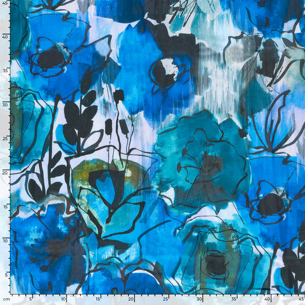 Viscose Satin fabric Flowers Cobalt