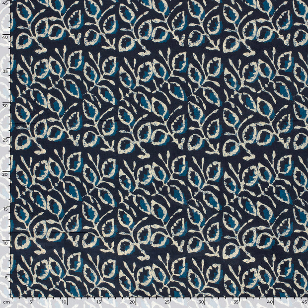Voile fabric Leaves Indigo