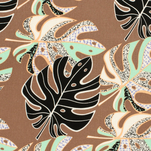 Woven Viscose Linen fabric Leaves Taupe Grey