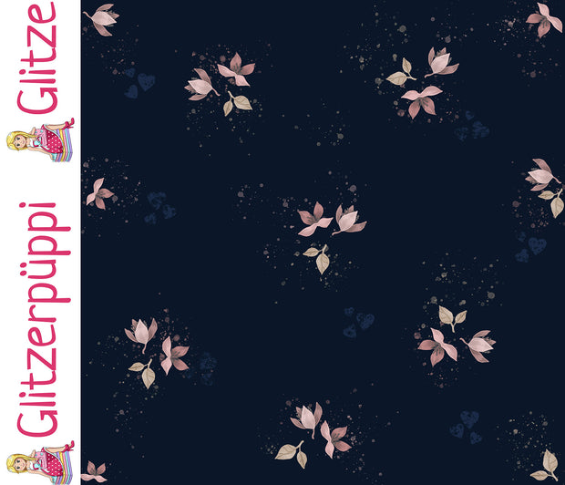 French Terry tissu Feuilles Bleu Marine