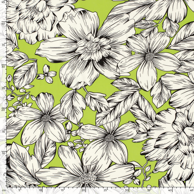Twill Stretch fabric Flowers Lime Green