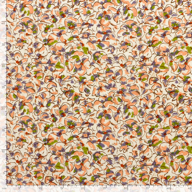 Woven Viscose Linen fabric Flowers Salmon