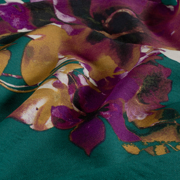 Viscose Nylon Crepe fabric Flowers Petrol