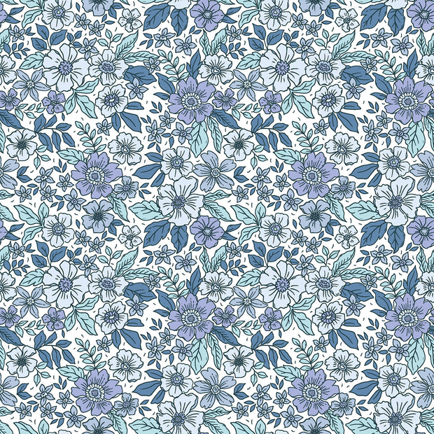 Cotton Poplin fabric Flowers Cobalt