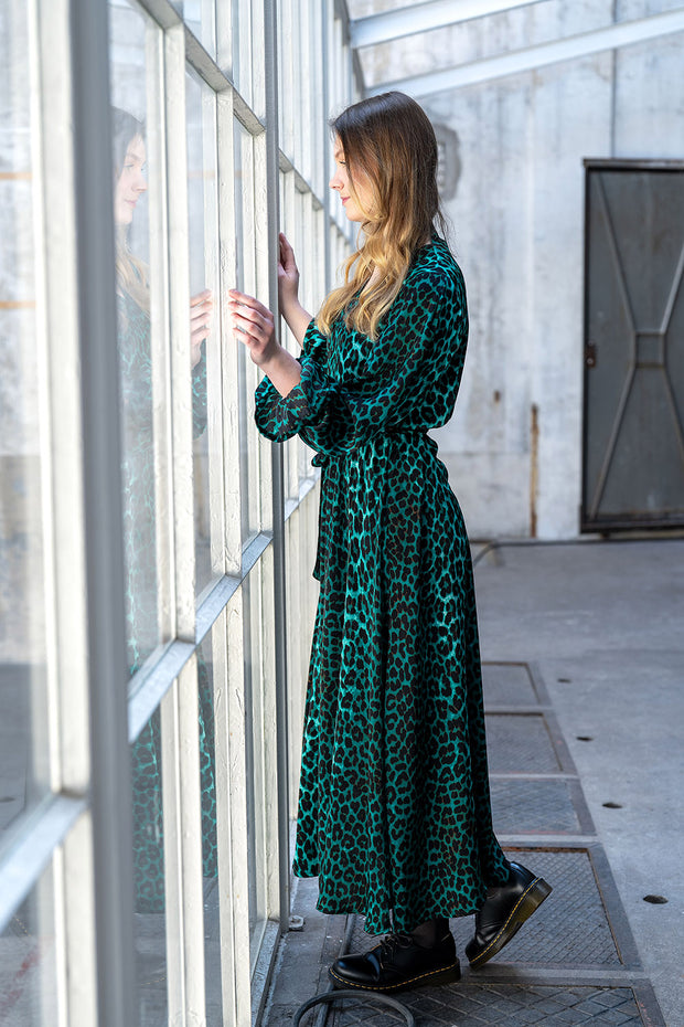 Satin Velvet fabric Leopards Green