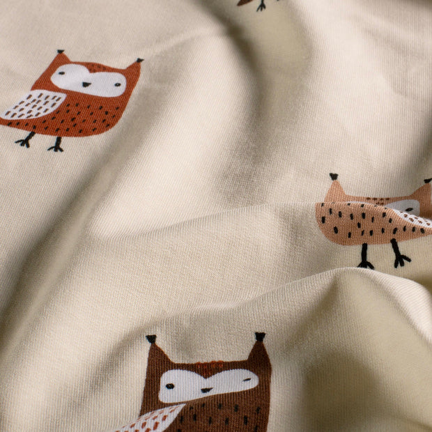 French Terry fabric Owls Beige