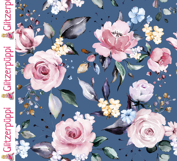 Jersey fabric Roses Steel Blue