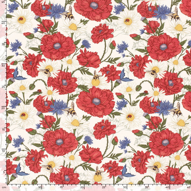 Katoen Poplin stof Bloemen Gebroken wit