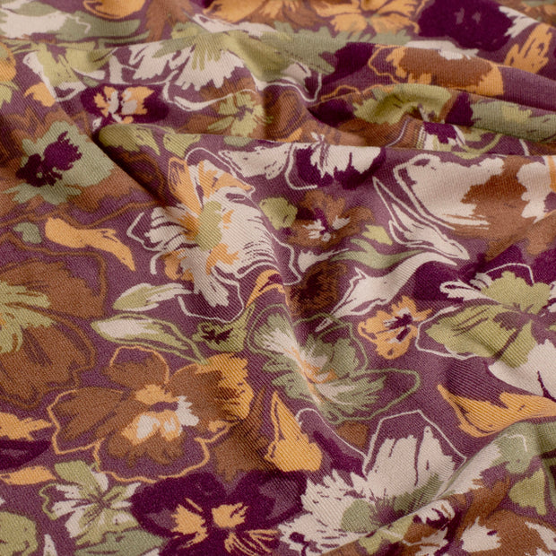 Viscose Vortex Jersey fabrik Blumen Aubergine