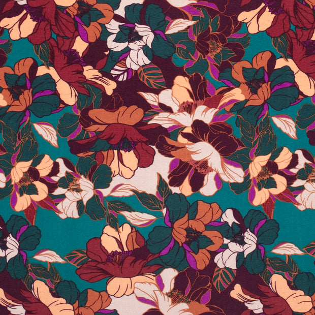 Viscose Nylon Crepe stof Bloemen Petrol