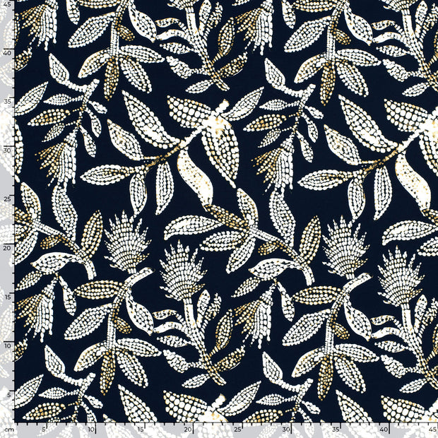 Viscose Jersey fabric Leaves Navy