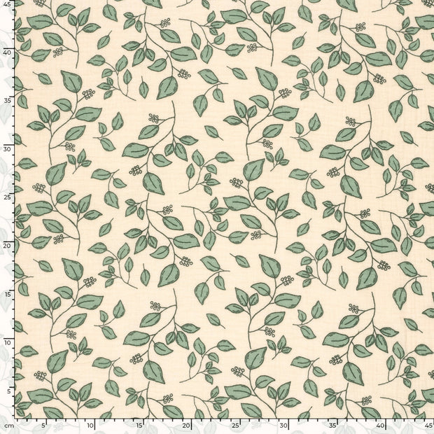 Double gaze tissu Feuilles Beige