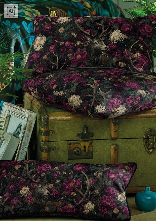 Panama fabric Deer Dark Red